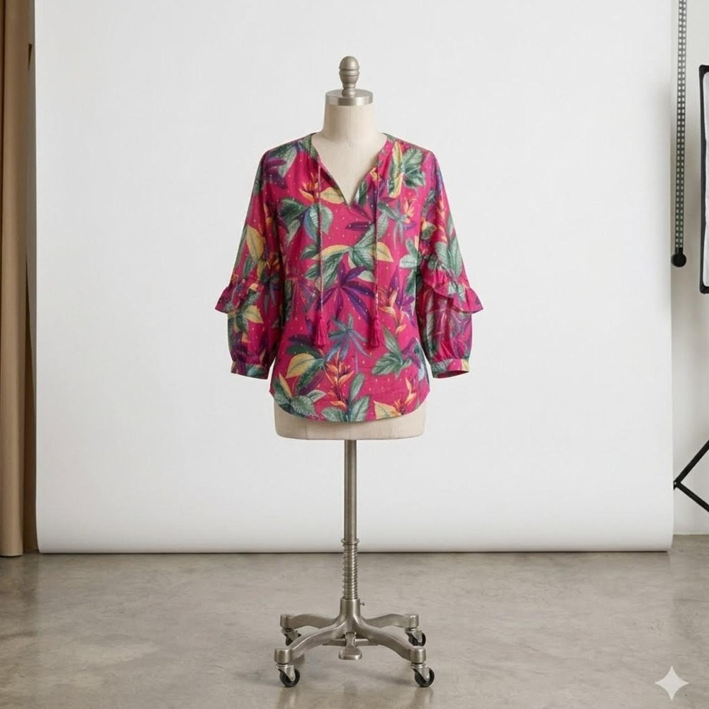 Chico's Tropical Floral Clip Dot Ruffle Sleeve Blouse Pink Gold 1 M 570347668